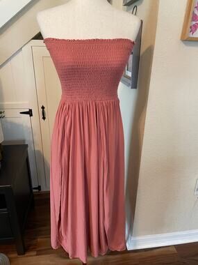 SHORE Strapless Smocked Double Slit Midi Dress Swim Coverup Dusty Rose M